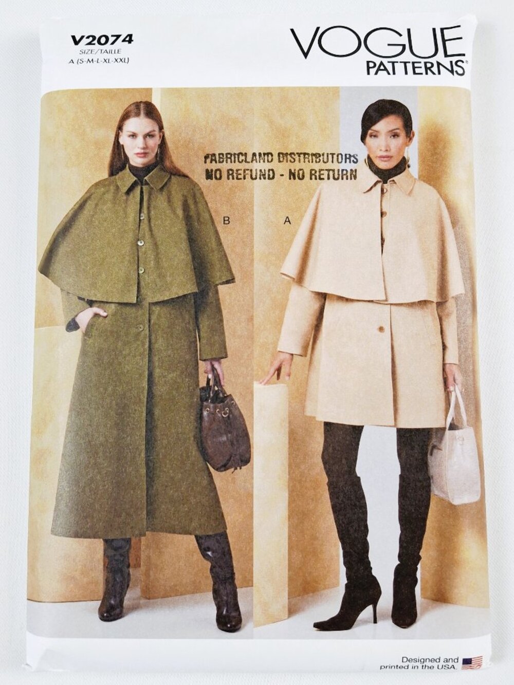 Vogue 2074 Sz S-XXL Flared Coat Jacket With Attached Cloak Cape Pattern Uncut